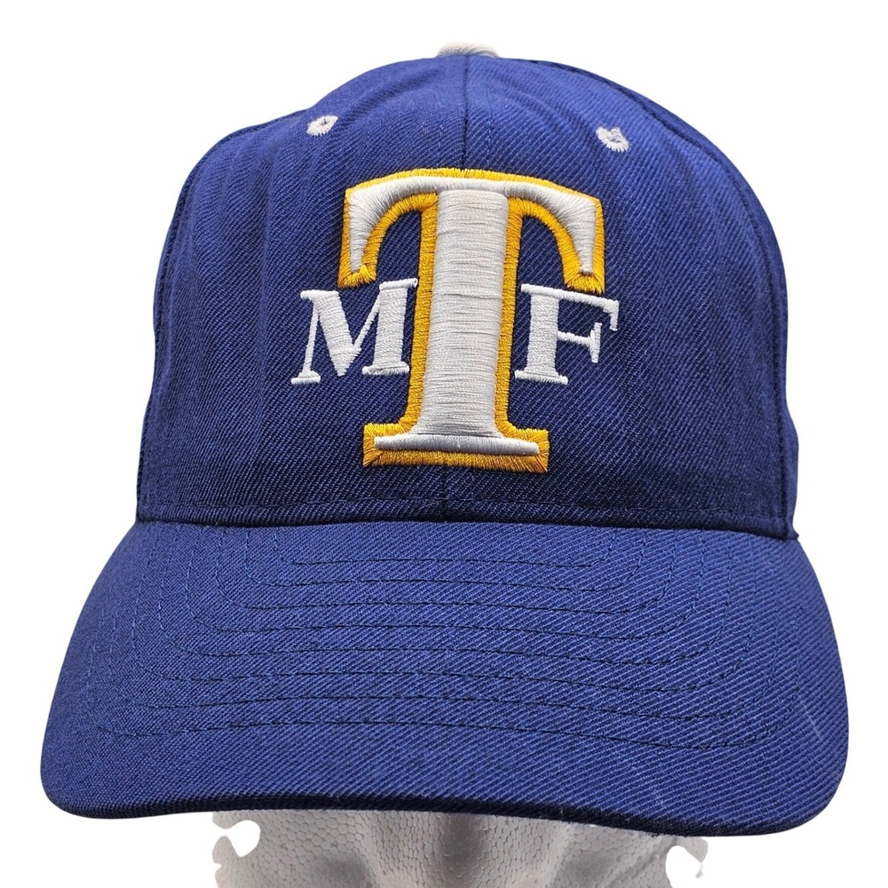 DeLONG Vtg Mens Size 7 MTF Embroidered Fitted Hat Wool Blend Blue Sportswear 90s